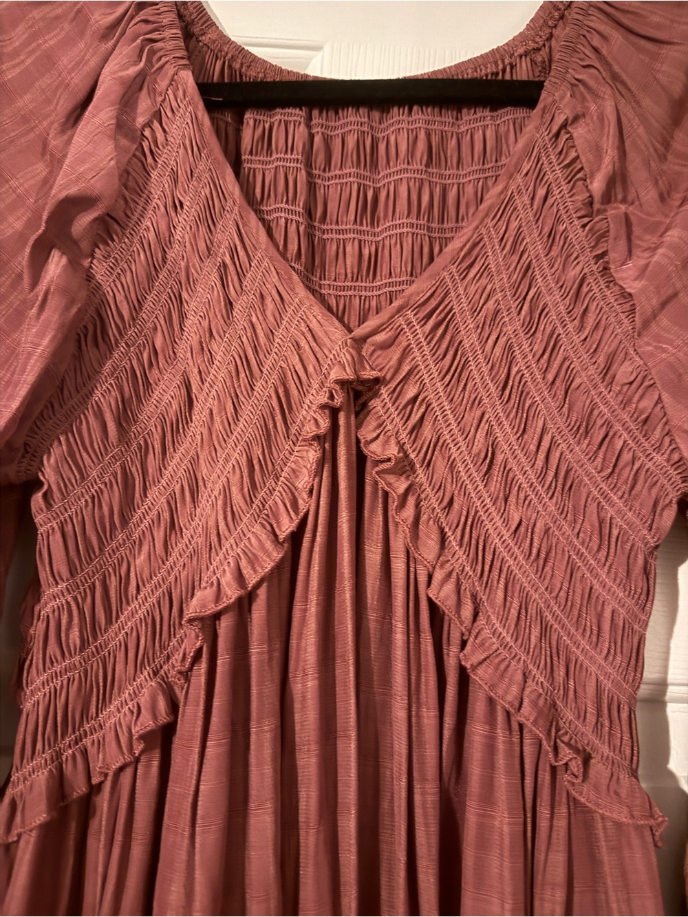 Women's Dusty Rose Long Tiered Maxi Dress with Smocked Bodice - Picture 4 of 5